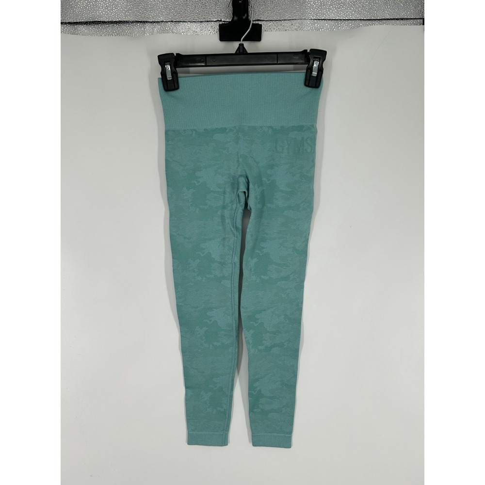 Gymshark Studio Leggings‎ Womens XS Teal Blue Camo Gym Running Seamless Mid Rise